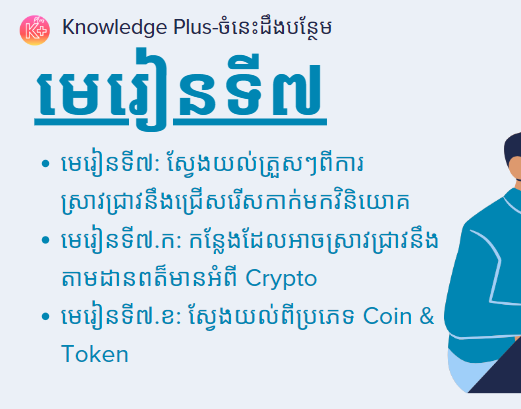 នៅក្នុងមេរៀនខាងក្រោមអ្នននឹងសិក្សាអំពី៖ មេរៀនទី៧: ស្វែងយល់ត្រួសៗពីការស្រាវជ្រាវនឹងជ្រើសរើសកាក់មកវិនិយោគ, មេរៀនទី៧.ក: កន្លែងដែលអាចស្រាវជ្រាវនឹងតាមដានពត៏មានអំពី Crypto, មេរៀនទី៧.ខ: ស្វែងយល់ពីប្រភេទ Coin & Token.