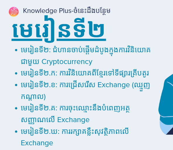 នៅក្នុងមេរៀនខាងក្រោមអ្នននឹងសិក្សាអំពី៖ ​មេរៀនទី២: ​ជំហានចាប់ផ្ដើមដំបូងក្នុងការវិនិយោគជាមួយ Cryptocurrency, មេរៀនទី២.ក&ខ:​ការវិនិយោគពីខ្មែរទៅទីផ្សារគ្រីបតូរ & ការជ្រើសរើស Exchange (ឈ្មួញកណ្ដាល), មេរៀនទី២.គ:​ការចុះឈ្មោះនឹងបំពេញអត្ថសញ្ញាណលើ Exchange, មេរៀនទី២.ឃ:​ការរក្សាគន្លឹះសុវត្ថិភាពលើ Exchange.